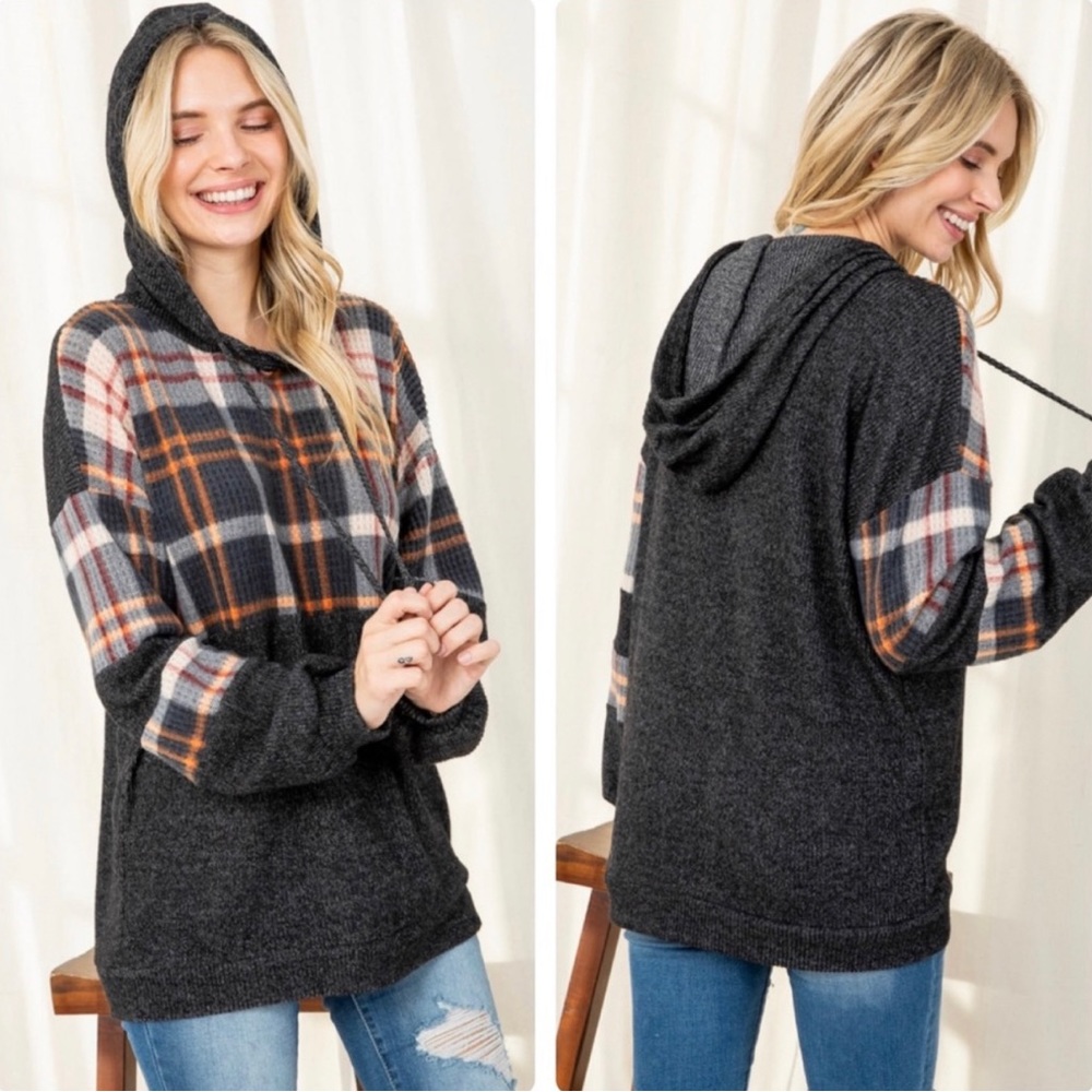Warm Knit Peach Gray and Plaid Sweater Hoodie, M